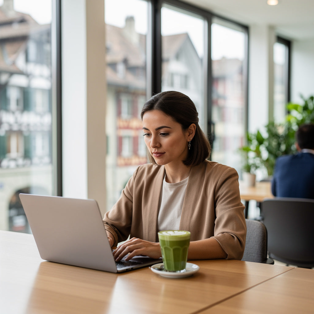 Fokussierte Frau arbeitet mit Matcha Latte entspannt im Berner Büro