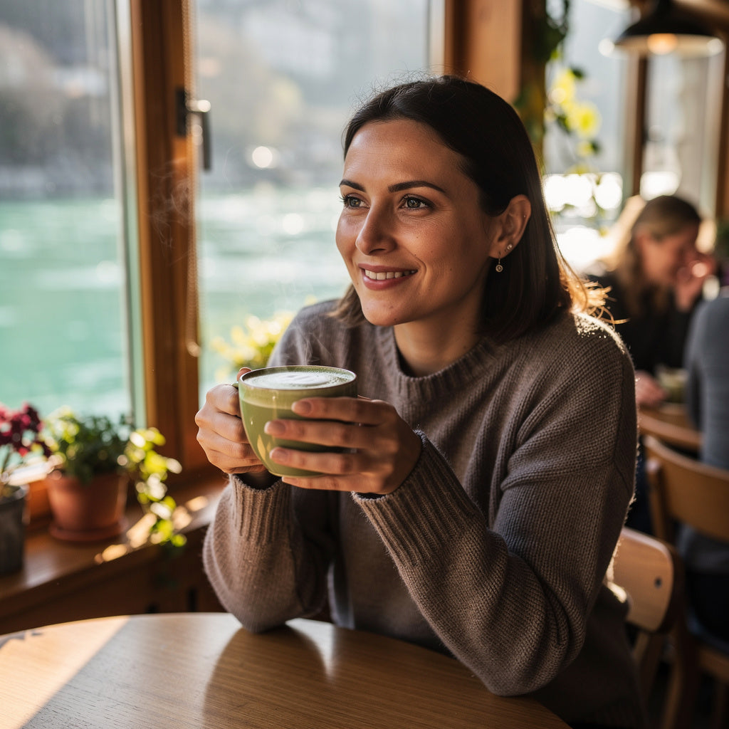 Frau geniesst achtsam einen Matcha Latte in Bern