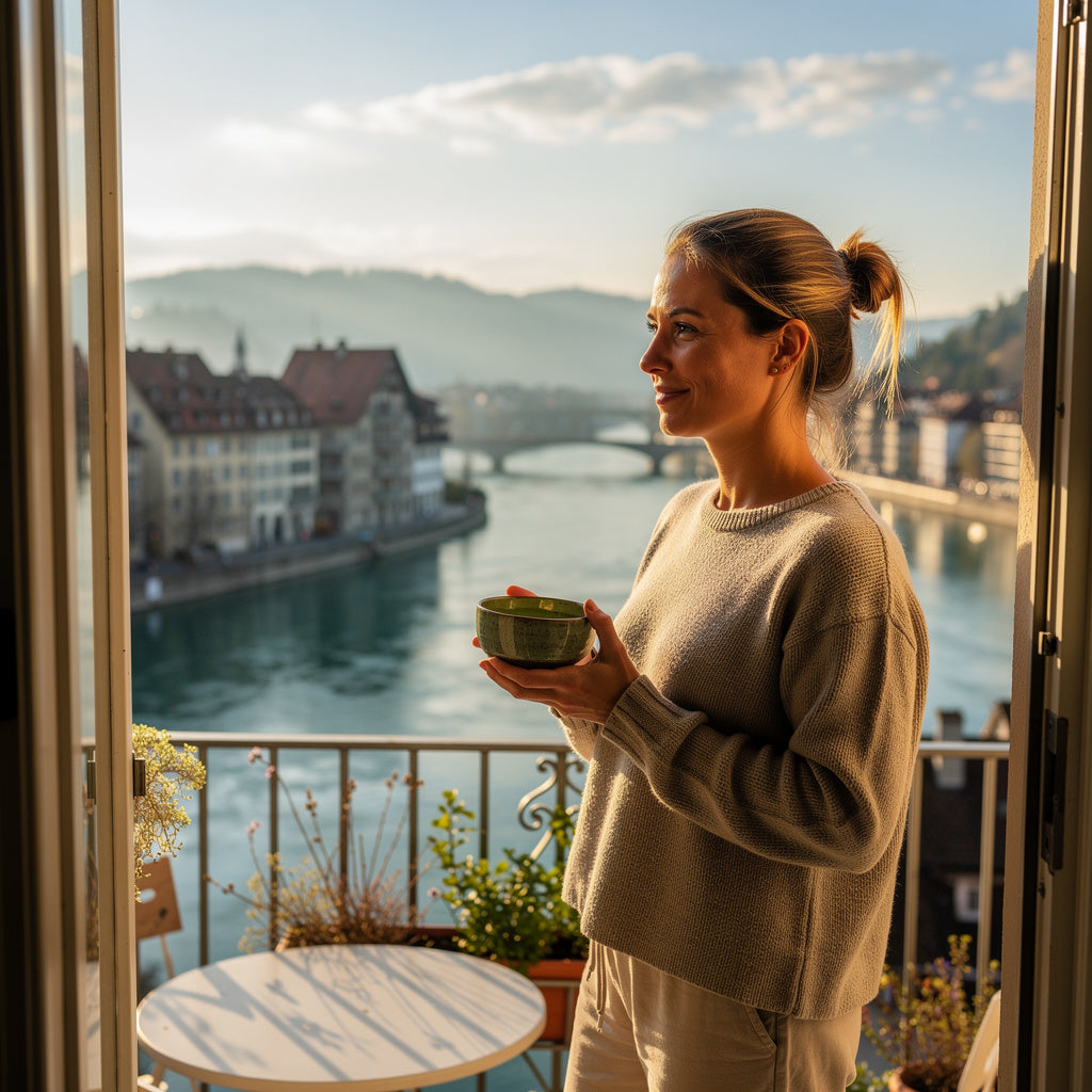 Frau startet mit Matcha ruhig in den Morgen über Bern
