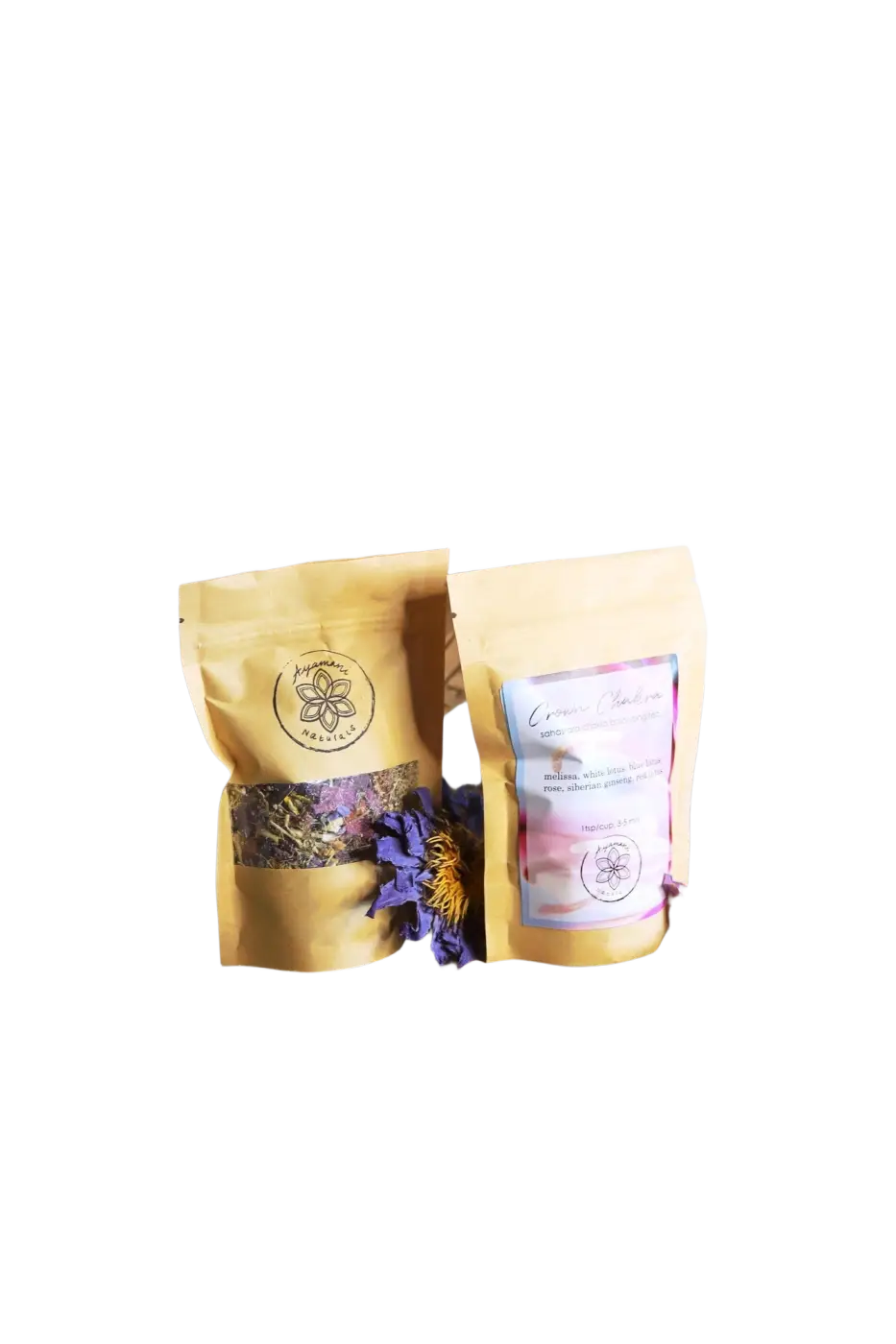 Ayamani Naturals Kräutertee für das Kronen-Chakra mit Lotus, Rose und Ginseng, 25g, in einer offenen Verpackung.