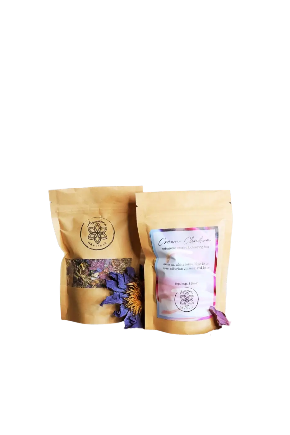 Ayamani Naturals Kräutertee für das Kronenchakra mit Lotus, Rose und Ginseng, 25g, in einer klaren Verpackung