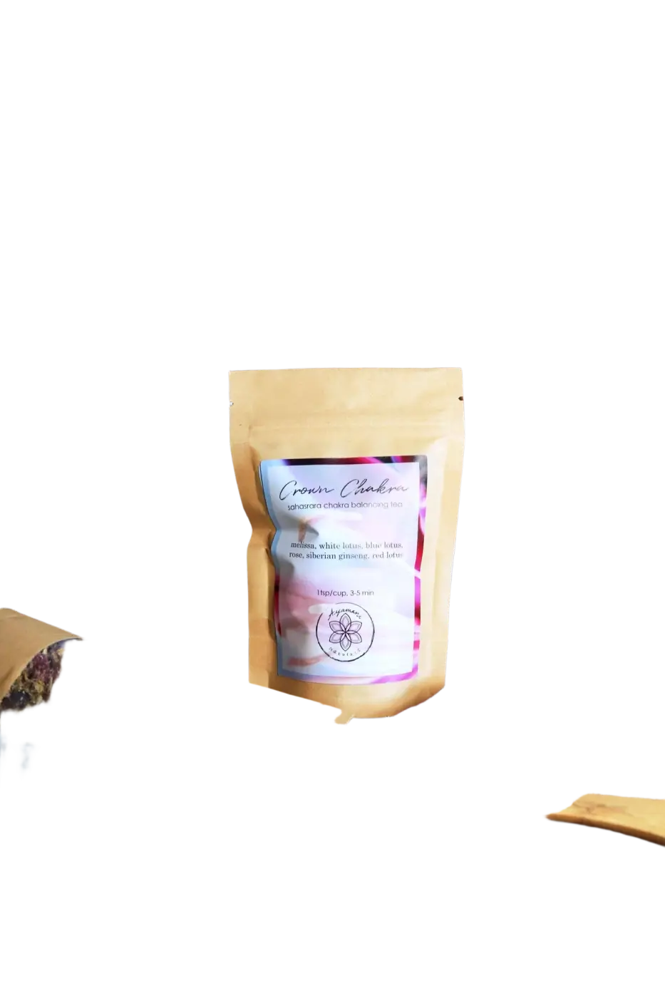 Kräutertee für das Kronenchakra mit Lotus, Rose und Ginseng, in Beutel, von Ayamani Naturals, 25g.