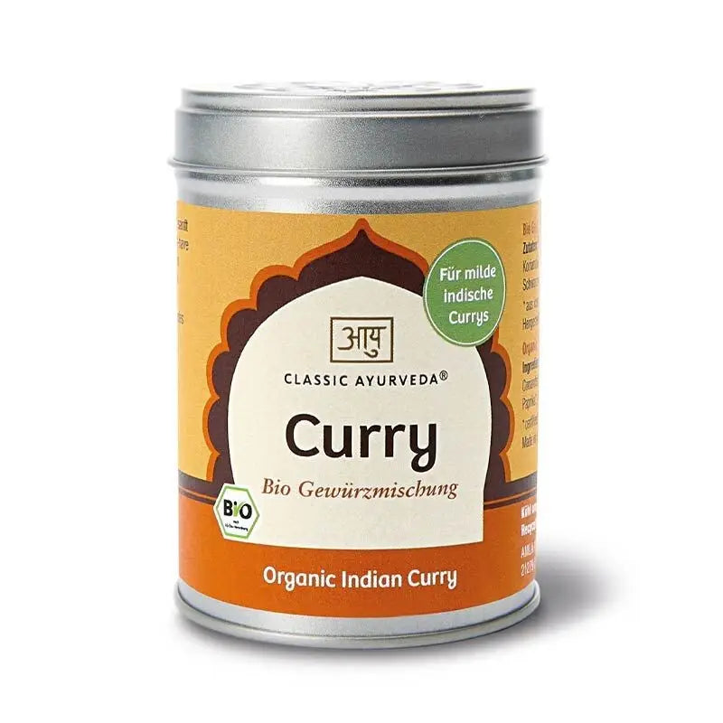Bio Curry-Gewürzmischung von Classic Ayurveda in zylindrischer Zinn-Dose, 80g, mit aromatischen Curry-Gewürzen.