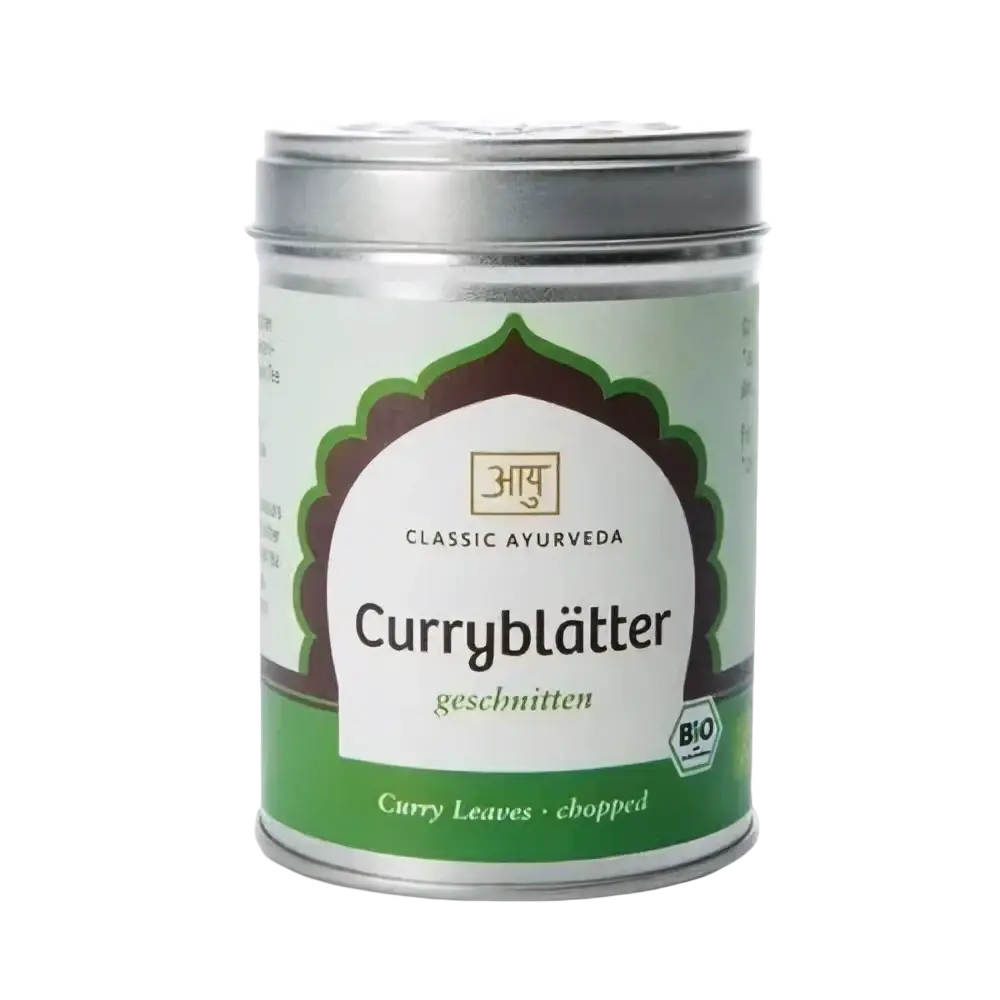 Geschnittene Bio-Curryblätter in einer silbernen Dose, Gewürz von Classic Ayurveda, für aromatische Gerichte, 12g.