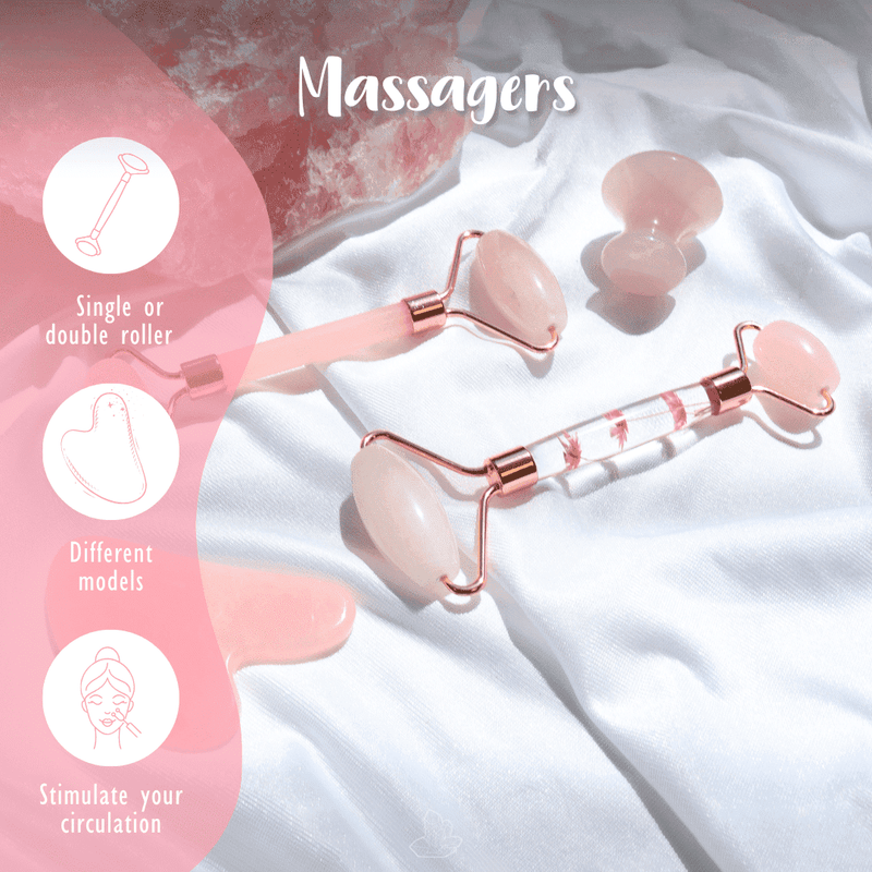 Rosenquarz-Gesichtsroller und Massage-Tools auf weißem Stoff, mit Symbolen und Text zu Einzel-/Doppelrollern, verschiedenen Modellen und Durchblutungsförderung.