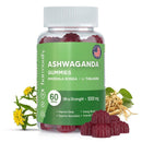Eine Flasche Harmonify Ashwagandha Gummibärchen (1000mg Ultra Stärke), enthält Rhodiola Rosea und L-Theanin, fördert verbesserten Schlaf, Energie und überlegene Absorption, mit Ashwagandha-Wurzeln und gelben Blüten.