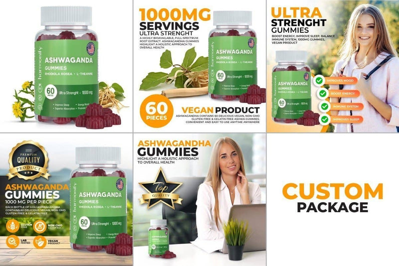 Ein Raster aus sechs Bildern, die Harmonify Ashwagandha Gummibärchen zeigen: oben links werden 1000mg Stärke und veganes Produkt mit Wurzeln hervorgehoben; oben mitte zeigt eine lächelnde Frau mit einer Flasche, die Stimmungs-, Energie-, Immun- und Schlafvorteile bewirbt; oben rechts betont "ULTRA STRENGHT GUMMIES" Vorteile. Die untere Reihe konzentriert sich auf "PREMIUM QUALITÄT PRODUKT" und eine Frau, die am Laptop arbeitet, was auf "KUNDENSPEZIFISCHE VERPACKUNG" Optionen hinweist.