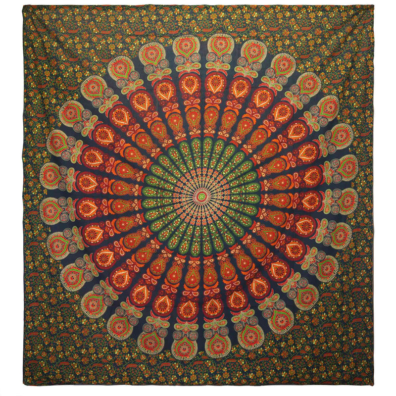 Doppelbettdecke, Ritualtuch, Wandbehang aus Baumwolle und Wandteppich — Mandala Peacock — Grün - 230 cm x 200 cm