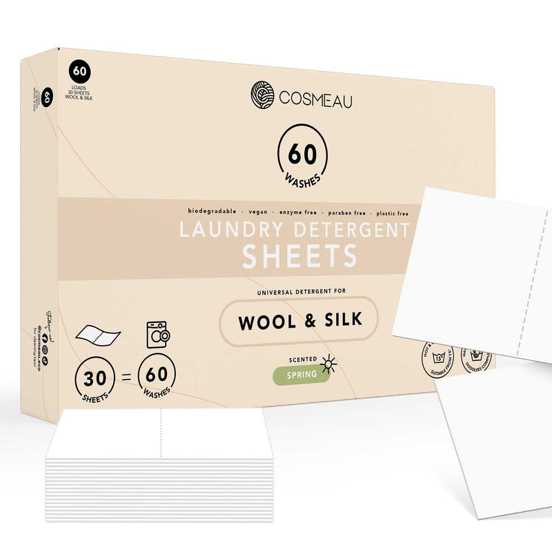 Packung Cosmeau Waschmittelblätter für Wolle & Seide, 60 Waschgänge, Duft Spring, hervorhebend biologisch abbaubare, vegane, enzymfreie, parabenfreie und plastikfreie Eigenschaften.