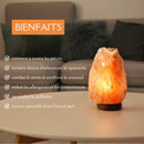 Werbegrafik mit den Vorteilen einer leuchtenden Himalaya-Salzlampe (sanftes Licht, Stressabbau), die auf einem weißen Tisch in einem Wohnzimmer steht.