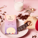 Eine Hand in einem roten Pullover hält ein Stück Delikao "Feel Good" Schokolade über einem rosa Teller. Daneben stehen die Schokoriegel-Verpackung, ein Glas Milch, Schokostreusel und Weihnachtsdekorationen.