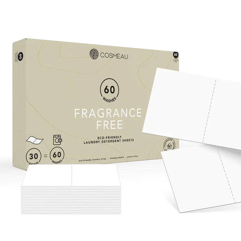 Verpackung für Cosmeau Duftfreie Waschmittelblätter, 60 Waschgänge (30 Blätter), hervorhebend umweltfreundliche, biologisch abbaubare und plastikfreie Eigenschaften.