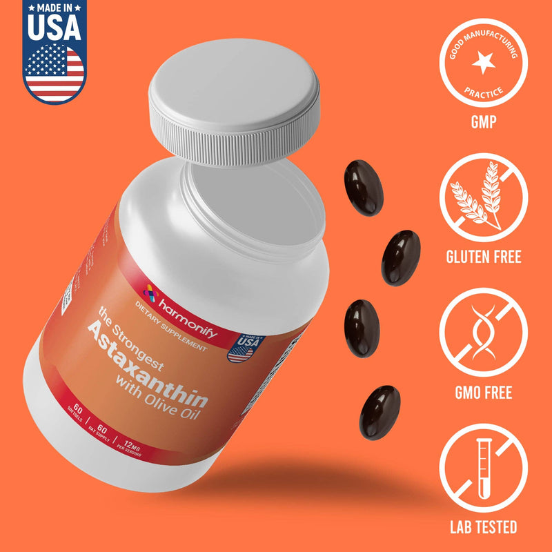 HARMONIFY - HARMONIFY Astaxanthin 12mg – 60 Weichkapseln | 60-Tage-Vorrat | Mit Olivenöl & Vitamin E | Potente antioxidative Unterstützung für Haut, Augen & Gelenke