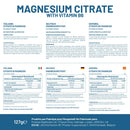 Ein mehrsprachiges Informationsblatt für Magnesiumcitrat mit Anwendungshinweisen und Nährwertangaben auf Italienisch, Deutsch und Spanisch.