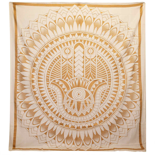 Doppelbettdecke, Ritualtch, Wandteppich aus Baumwolle und Wandteppich — Hamsa — Weißgold 230 cm x 200 cm