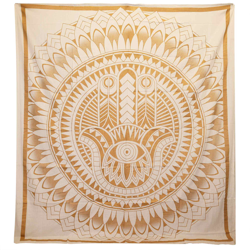 Doppelbettdecke, Ritualtch, Wandteppich aus Baumwolle und Wandteppich — Hamsa — Weißgold 230 cm x 200 cm