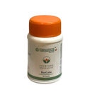 Eine weiße Flasche des Ayurveda Specialist ReuCalm Kräuter-Nahrungsergänzungsmittels (Tabletten) mit einem orangefarbenen Deckel.