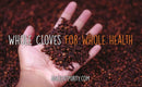Eine Hand, die eine Handvoll Nelken über einem Haufen Nelken hält, mit dem Text „WHOLE CLOVES FOR WHOLE HEALTH“ und der Website-Adresse „ANCIENTPURITY.COM“.