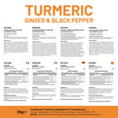 Mehrsprachiges Produktetikett mit Nährwertangaben und Inhaltsstoffen für ein Kurkuma-Präparat auf Italienisch, Französisch, Deutsch und Spanisch.