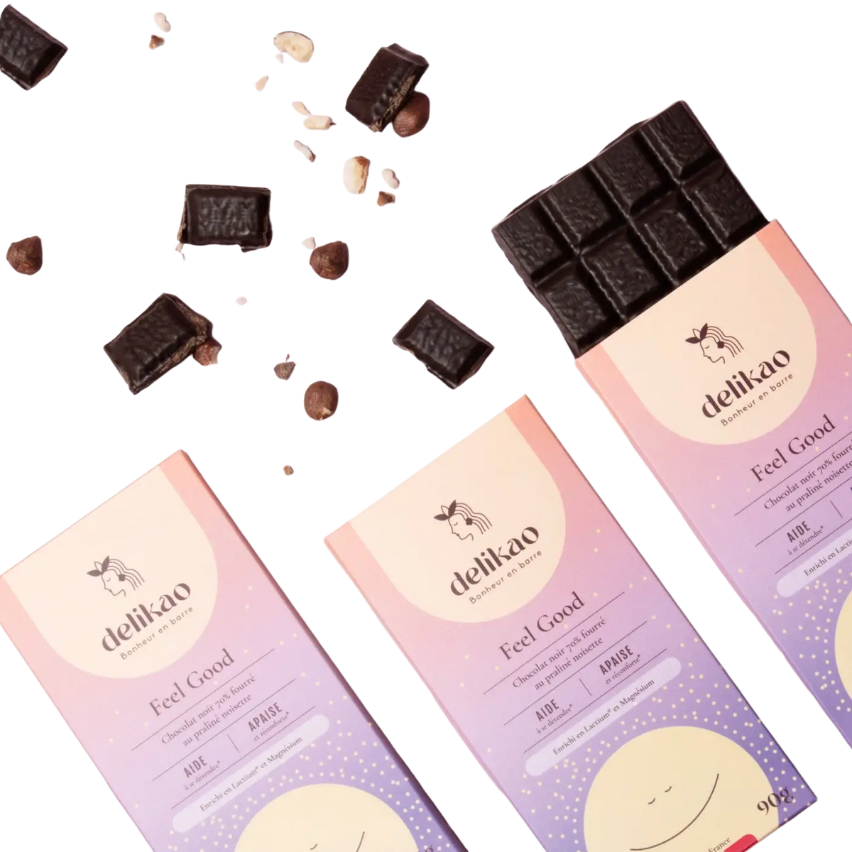 Dalikao Feel Good Anti-Stress-Schokolade mit 70% Kakao, Praliné und Haselnüssen in einer stilvollen Verpackung.