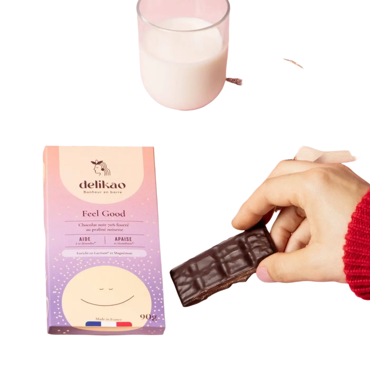 Dalikao Feel Good Anti-Stress-Schokolade mit 70% Kakao, Praliné und Haselnüssen, aromatische Süßigkeit in goldener Verpackung