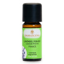 Ätherisches Lavendelöl von Damascena, französisch Bio AOP, 10 ml Flasche, zeigt frische Lavendelblüten und die Ölflasche.