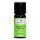Kleine dunkle glasflasche mit schwarzem verschluss und grüner etikette damascena bergamotte bio 10ml ätherisches öl