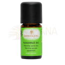 Kleine bernsteinfarbene glasflasche mit schwarzem verschluss und grünem damascena nanaminze bio etikett für spearmintöl im mana shop