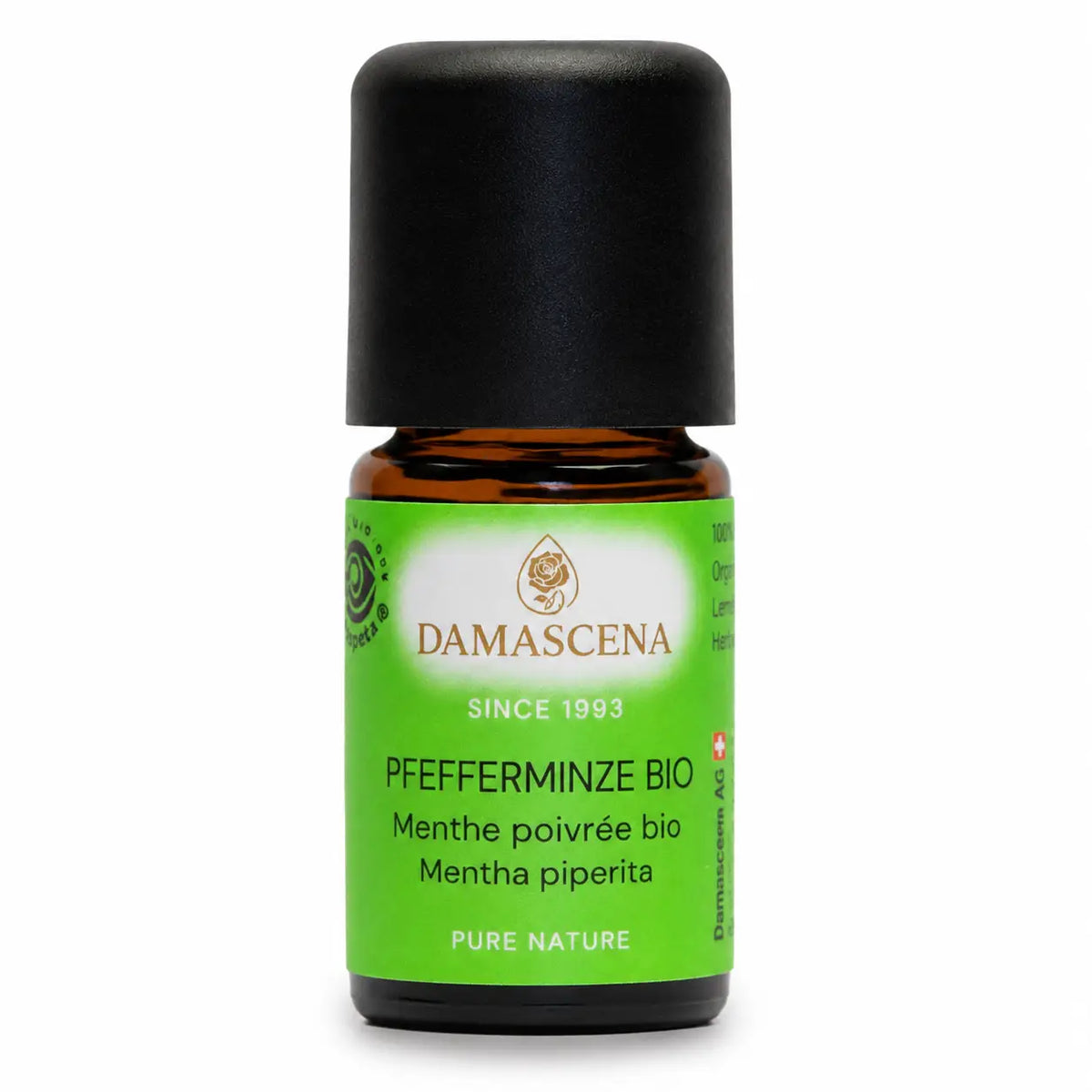 Damascena Bio Pfefferminzöl 5 ml, naturreines ätherisches Pfefferminzöl für Aromatherapie und Frische, Flasche mit grünem Etikett