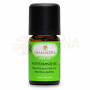 Kleine bernsteinfarbene glasflasche mit schwarzem deckel und grünem label von damascena pfefferminze bio ätherisches öl 5 ml im mana shop