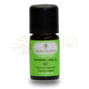 Kleine bernsteinfarbene glasflasche mit schwarzem verschluss und grünem etikett damascena thymian linalool bio ätherisches öl 5ml mana shop