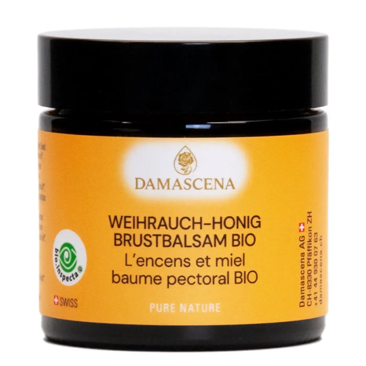 Damascena Brustbalsam mit Weihrauch und Honig für natürliche Unterstützung bei Atembeschwerden und Wohlbefinden.
