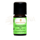 Kleine bernsteinfarbene glasflasche mit schwarzem deckel und grünem etikett damascena zitronenteebaum bio naturreines lemon tea tree öl