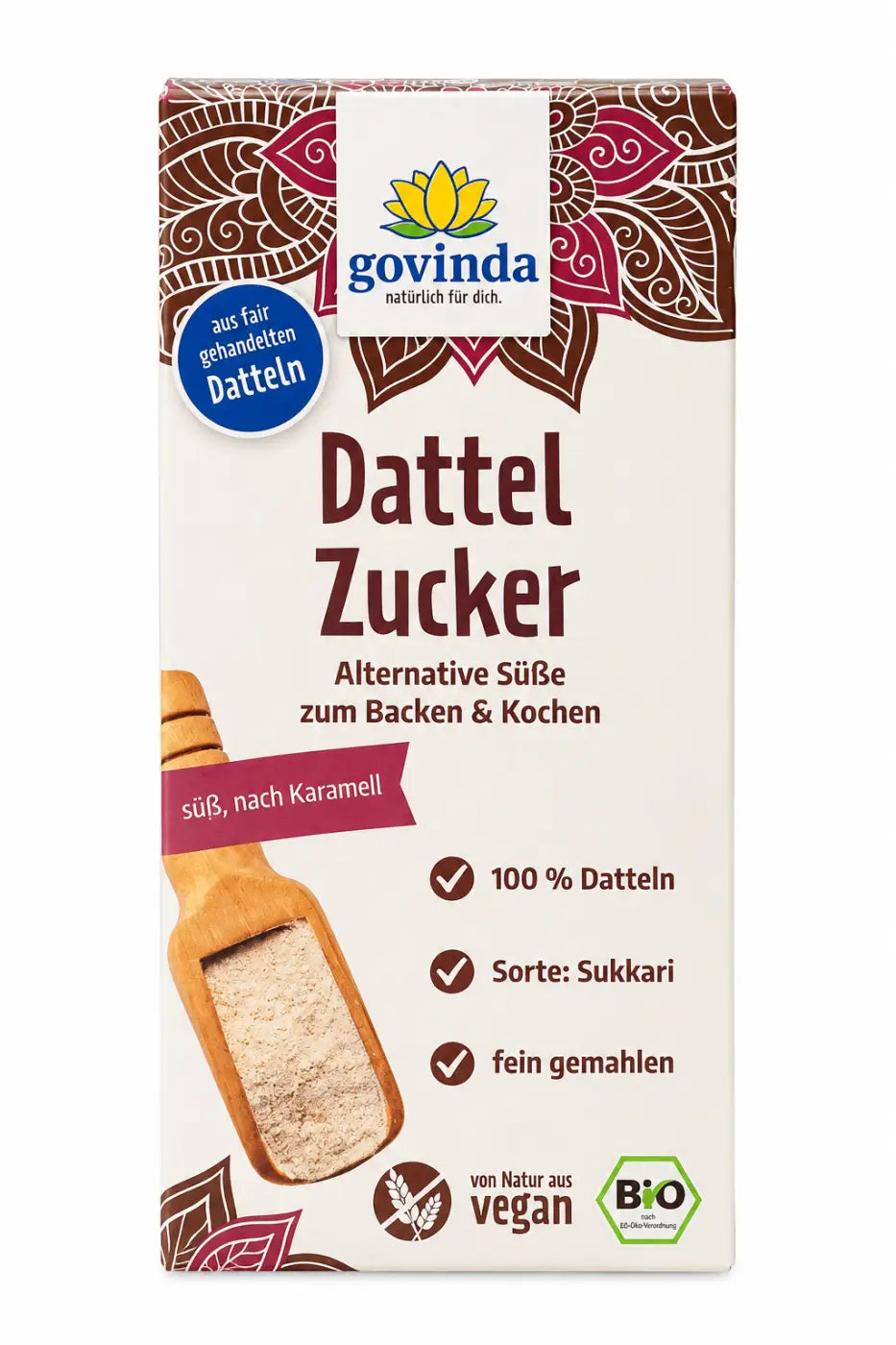 Bio Dattelzucker von Cosmoveda aus 100 % Datteln, 400 g, natürliche Süße in einer Lebensmittel-Schachtel