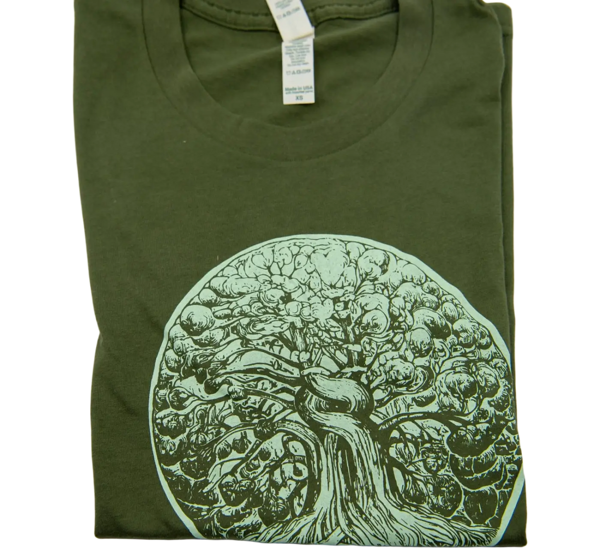 Bio T-Shirt „Lebensbaum“ von dbkprints, handbedruckt in Bern, aus 100 % Bio-Baumwolle, olivgrün, Kleider mit nachhaltigem Design