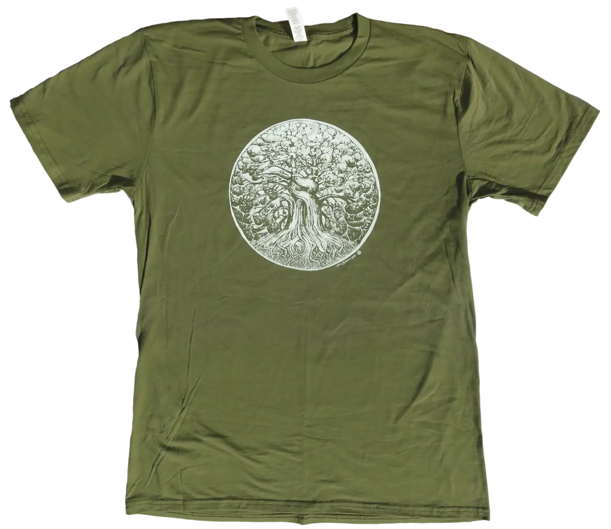 Bio T-Shirt „Lebensbaum“ von dbkprints aus Bio-Baumwolle, handbedruckt, olivgrün, mit Baumdesign in Bern