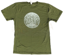 Olive grüne bio t-shirt lebensbaum aus 100 % bio baumwolle mit detailreichem weißem lebensbaumdruck von dbkprints