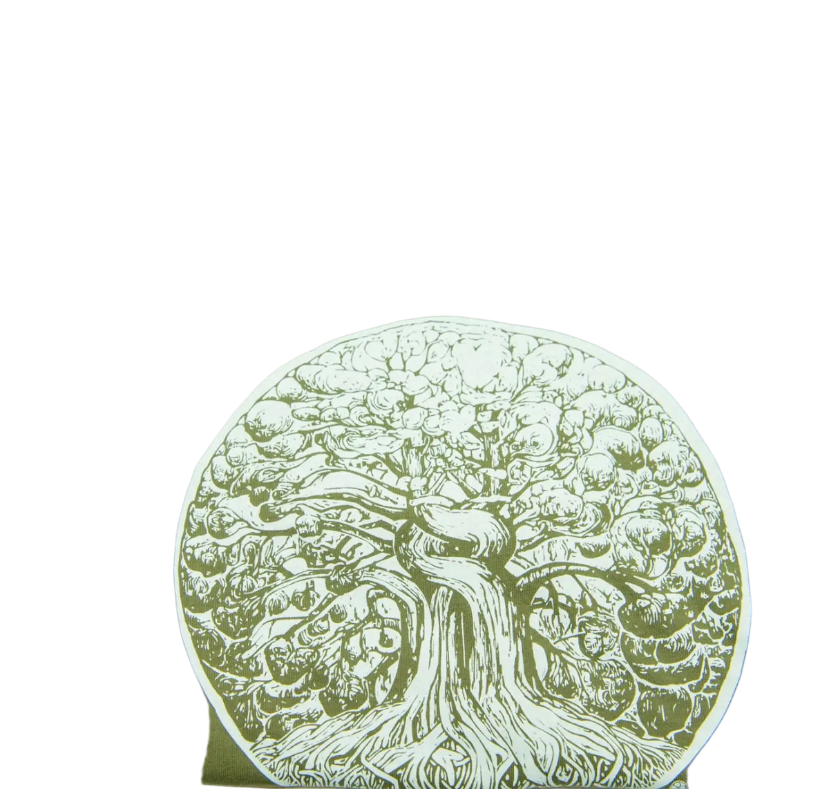 Bio T-Shirt „Lebensbaum“ von dbkprints, handbedruckt in Bern, aus 100 % Bio-Baumwolle, olivgrünes Kleid mit Baum-Design