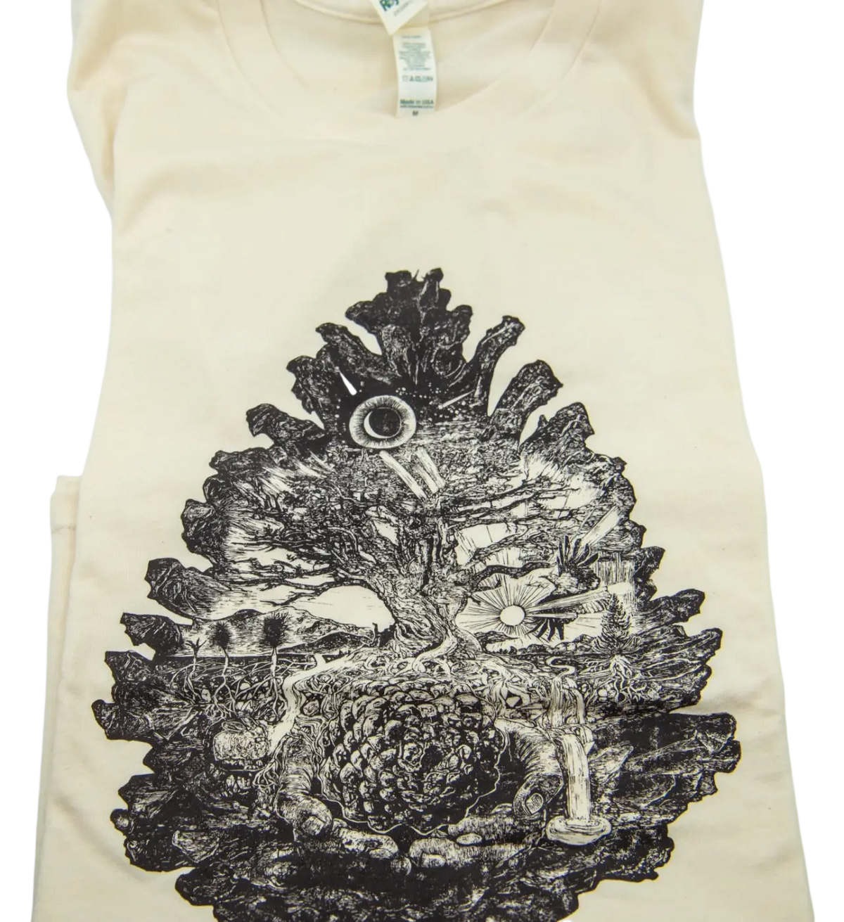 Bio T-Shirt „Wurzelbaum“ von dbkprints, handbedruckt in Bern, aus 100 % Bio-Baumwolle, beiges Kleidungsstück.