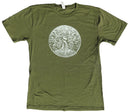 Bio T-Shirt „Lebensbaum“ von dbkprints, handbedruckt, aus 100 % Bio-Baumwolle, olivgrün, mit Baum-Motiv auf der Vorderseite