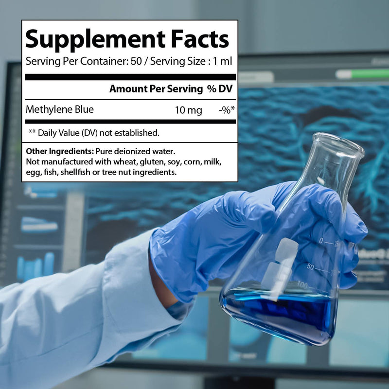 "Supplement Facts"-Tabelle für Methylenblau, die 10 mg pro 1 ml Portion angibt, zusammen mit zusätzlichen Inhaltsstoffen und der Information, dass es nicht mit gängigen Allergenen hergestellt wird. Im Hintergrund hält eine Person mit Handschuhen einen Erlenmeyerkolben mit blauer Flüssigkeit.