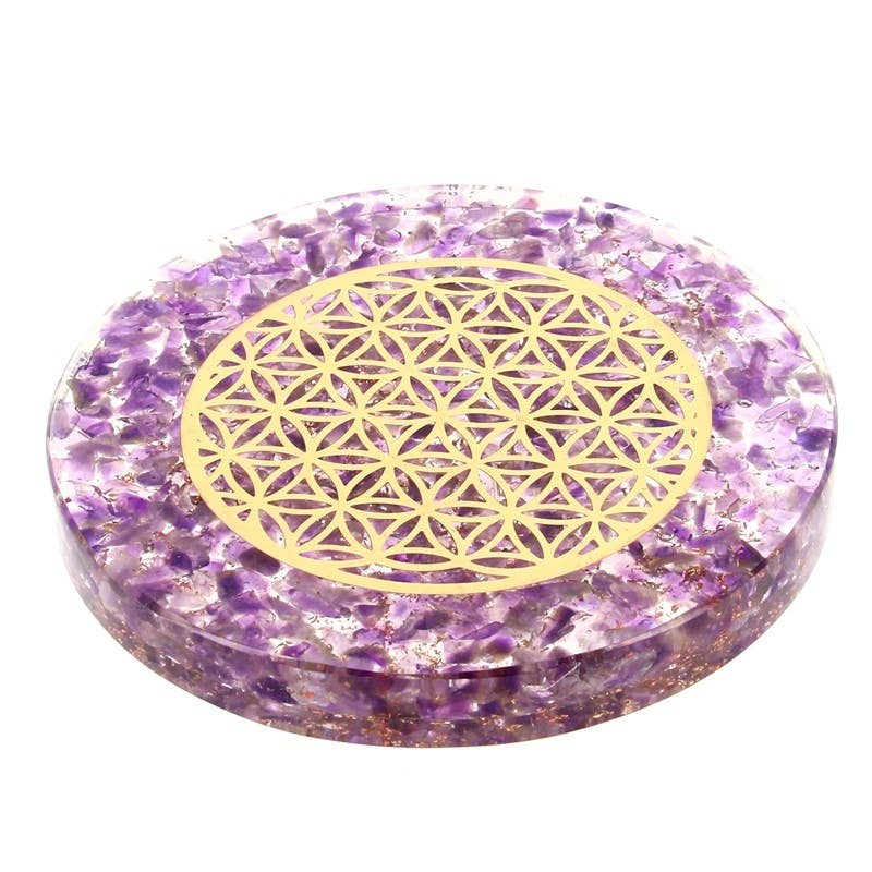 Artisans de Madagascar - Tablett Blume des Lebens mit Amethyst-Orgonit, 10 cm