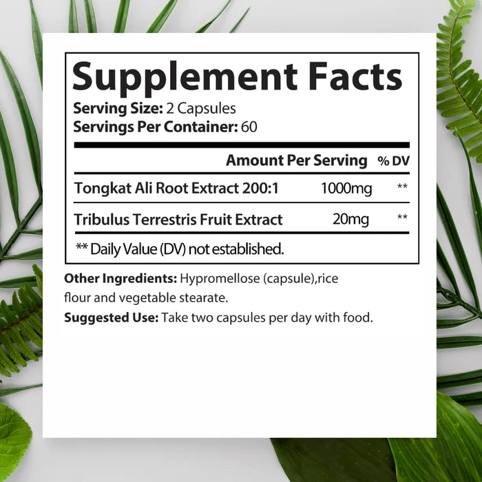 Nährwerttabelle für Nahrungsergänzungsmittel mit Tongkat Ali und Tribulus Terrestris Extrakt.
