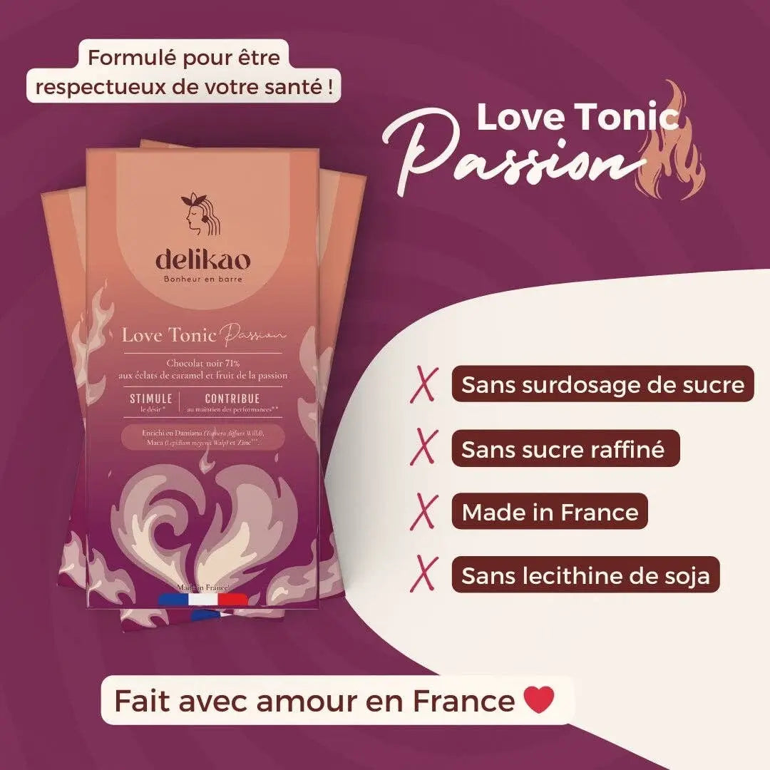 Schwarze Delikao Love Tonic Passion Aphrodisiakum als Süßigkeit mit 71% Kakao, fördert Libido und Leidenschaft.