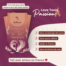 Delikao love tonic passion 71% dunkle schokolade mit karamel und passionsfrucht in verpackung mit pfirsich mauve gradient