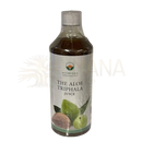 Eine klare plastikflasche mit dunkelbraunem aloe triphala saft von einem ayurveda specialist inhalt 1 liter