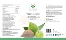 Der aloe triphala saft 1 liter flasche mit klarem körper und grünem etikett mit aloe vera blättern und grünen früchten