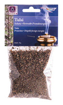 Getrocknete Tulsi-Blätter in einem kleinen durchsichtigen Beutel mit BERK Etikett.