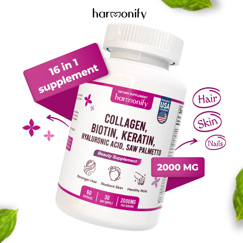Eine Flasche Harmonify Schönheitsergänzungsmittel mit 16-in-1-Formulierung, die Kollagen, Biotin, Keratin, Hyaluronsäure und Sägepalme enthält, beworben zur Stärkung von Haar, Haut und Nägeln, mit 2000mg pro Portion und 60 Kapseln.