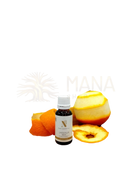 Kleine dunkle glasflasche mit weißem deckel und etikett laranja doce von n olio essentiell mit reinem ätherischem süßorangenöl
